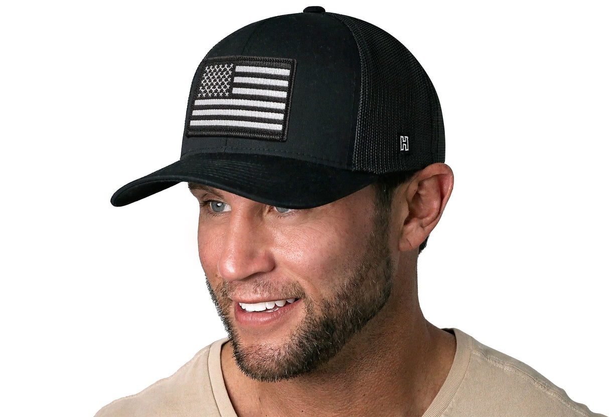 American Flag Trucker Hat | Black USA Monochrome Snapback