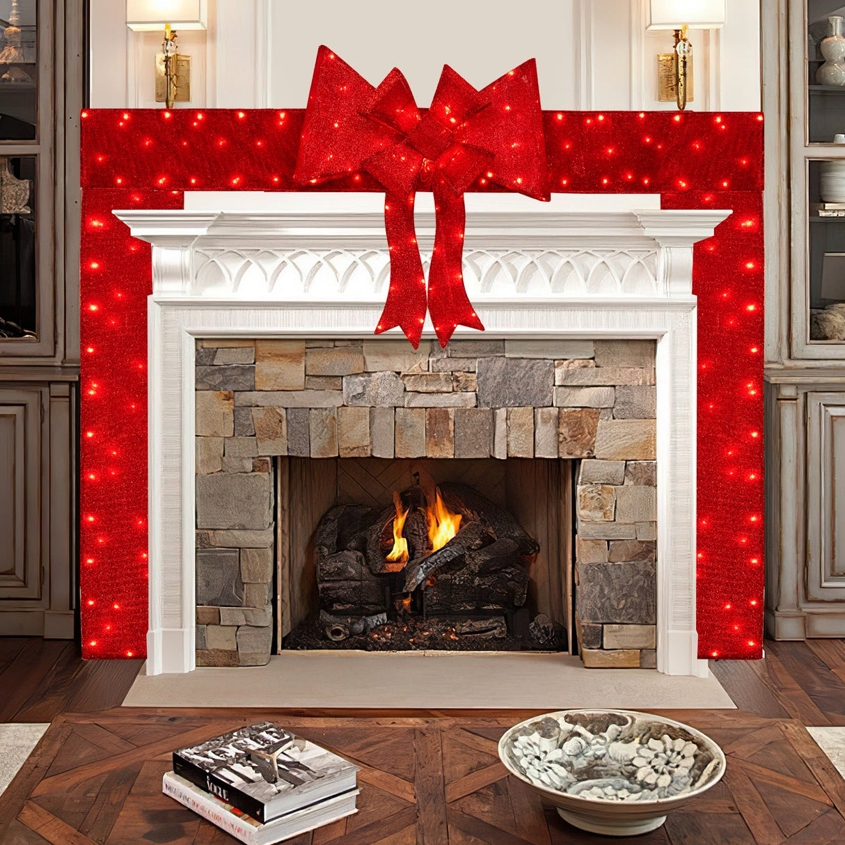 Arco de puerta de oropel navideño iluminado con lazo desmontable para el tejado, la puerta o la chimenea