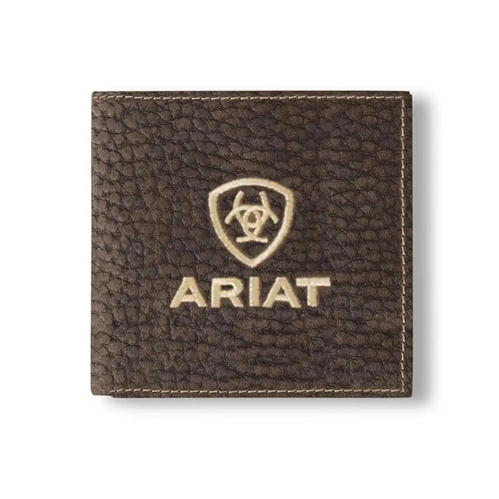 Cartera plegable para hombre Ariat Embroidered Shield de cuero genuino de toro (marrón)