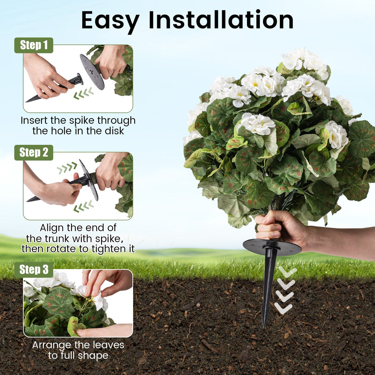 Juego de 2 árboles de begonias artificiales de 33 cm, arbustos falsos de hoja perenne con estacas para tierra, blancos
