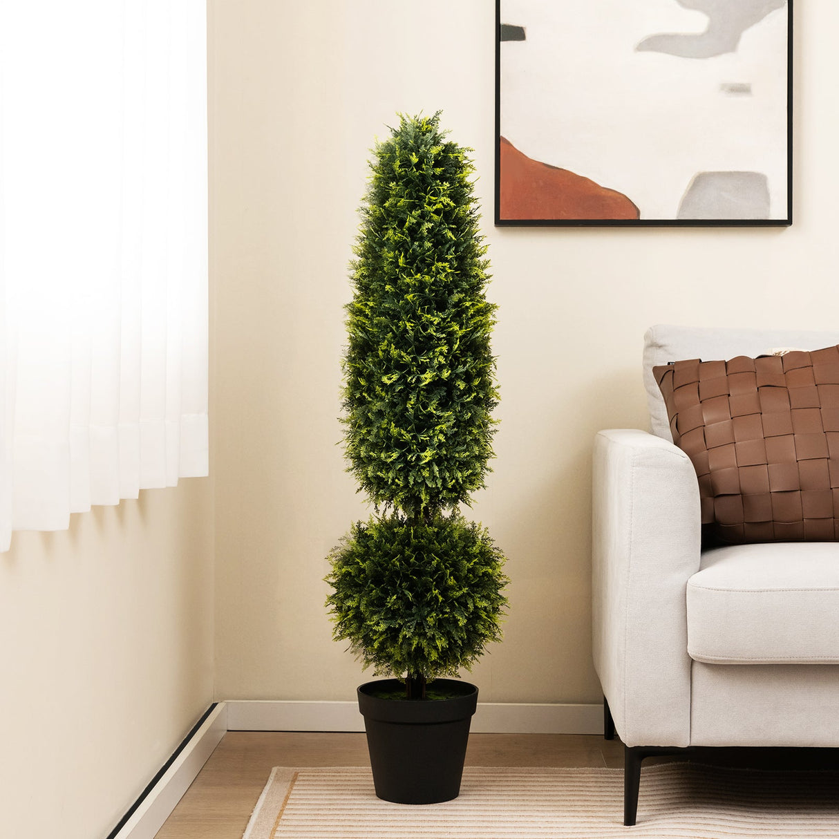 Árbol de topiario artificial de boj de 4 pies con enredaderas naturales y hojas de PE - Verde