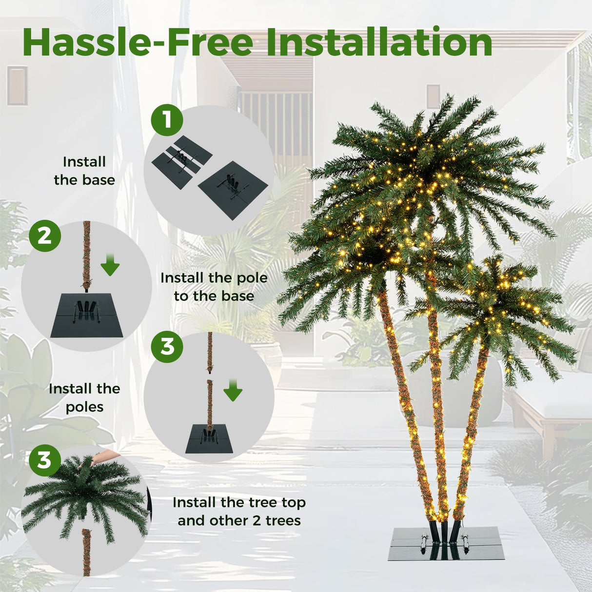 Palmera Artificial Iluminada con Base Metálica, 157 Puntas de Rama y 930 Luces LED Blancas Cálidas
