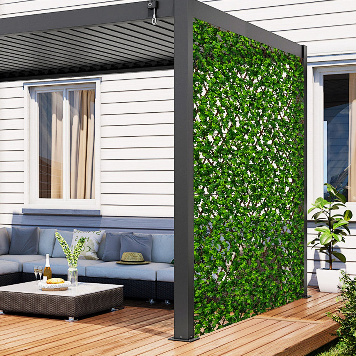 Pantalla de privacidad expandible con seto artificial con protección solar para balcón o patio