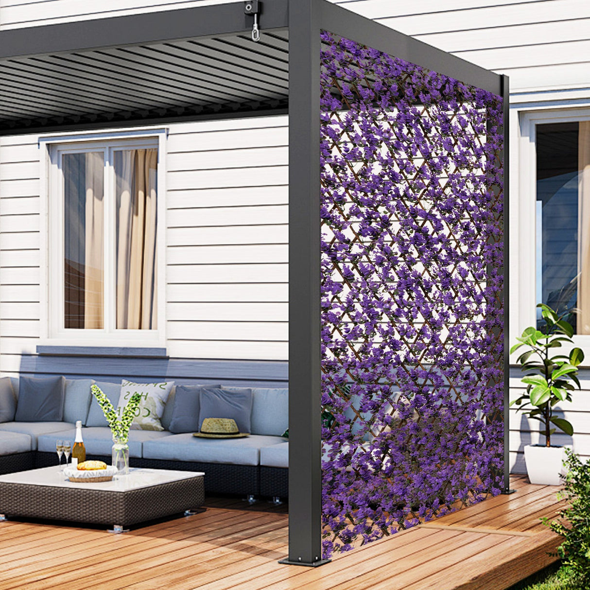 Panel Decorativo de Valla de Eucalipto Morado Sintético con Marco de Sauce Natural para Balcón Patio