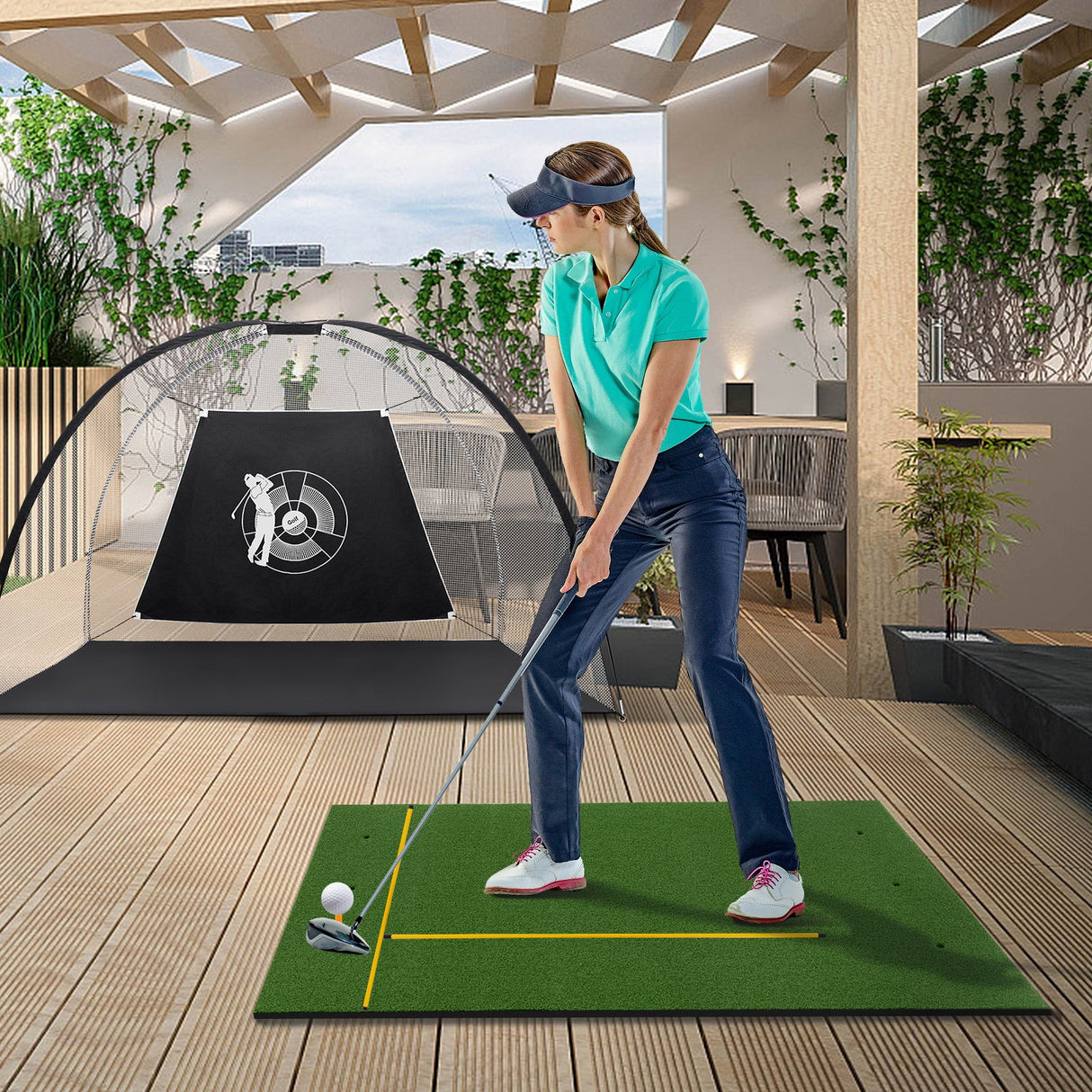 Alfombra de césped artificial para práctica de golf en interiores y exteriores Incluye 2 tees de goma y 2 varillas de alineación