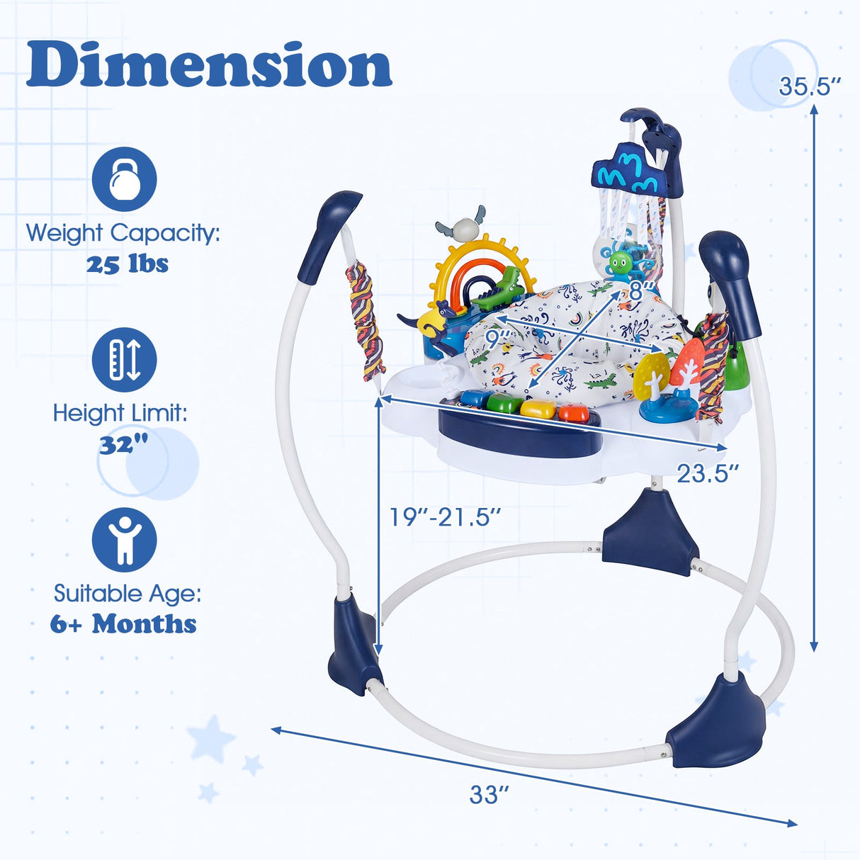 Centro de actividades para bebés saltador y rebotador con 6 juguetes interactivos luces y música