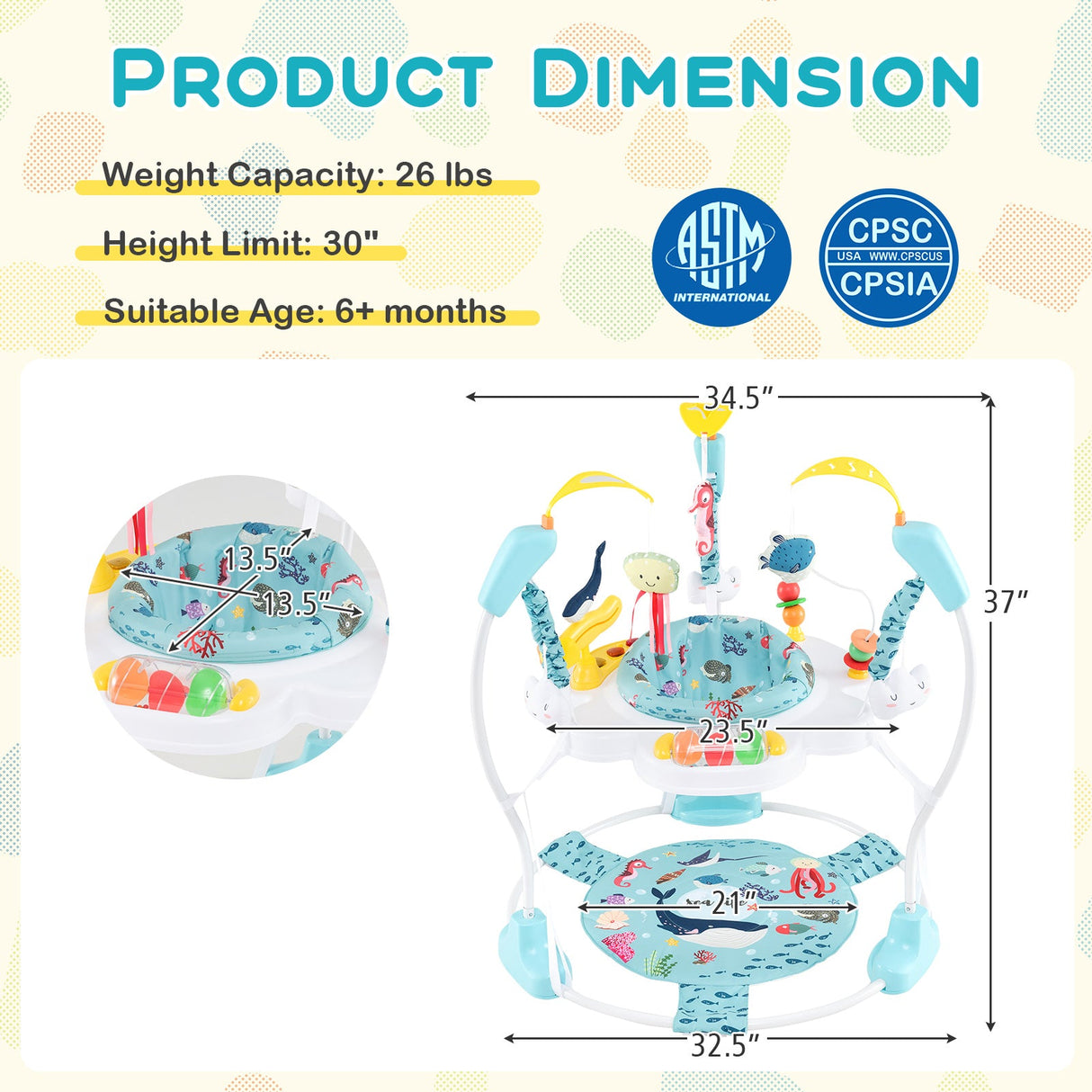Centro de actividades para bebés, platillo saltarín para bebés de altura ajustable con juguetes interactivos
