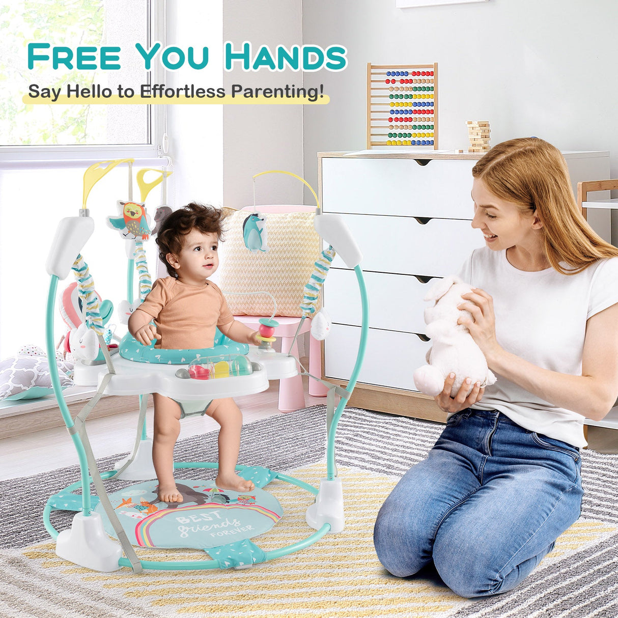 Centro de actividades para bebés, platillo saltarín para bebés de altura ajustable con juguetes interactivos