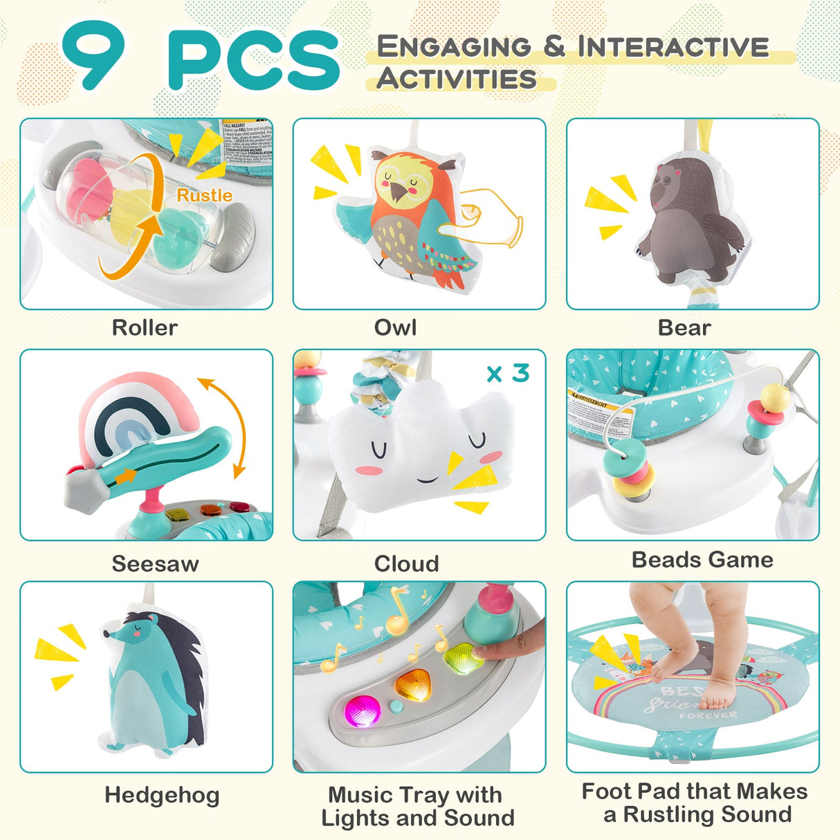 Centro de actividades para bebés, platillo saltarín para bebés de altura ajustable con juguetes interactivos