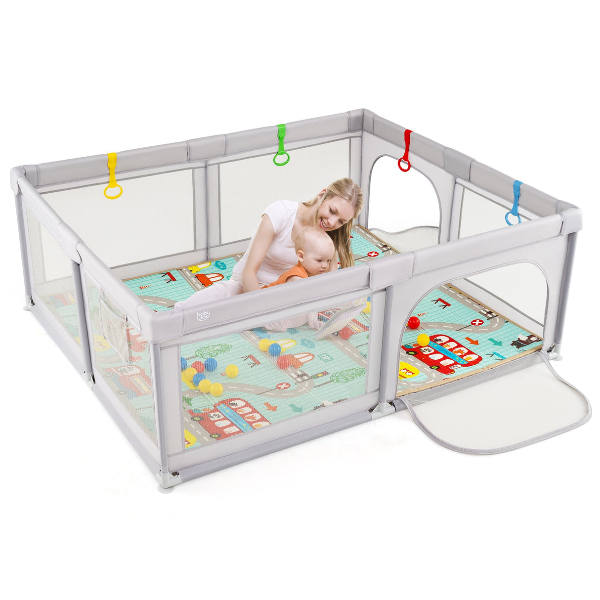 Baby Playpen with Mat and Breathable Mesh-Gray