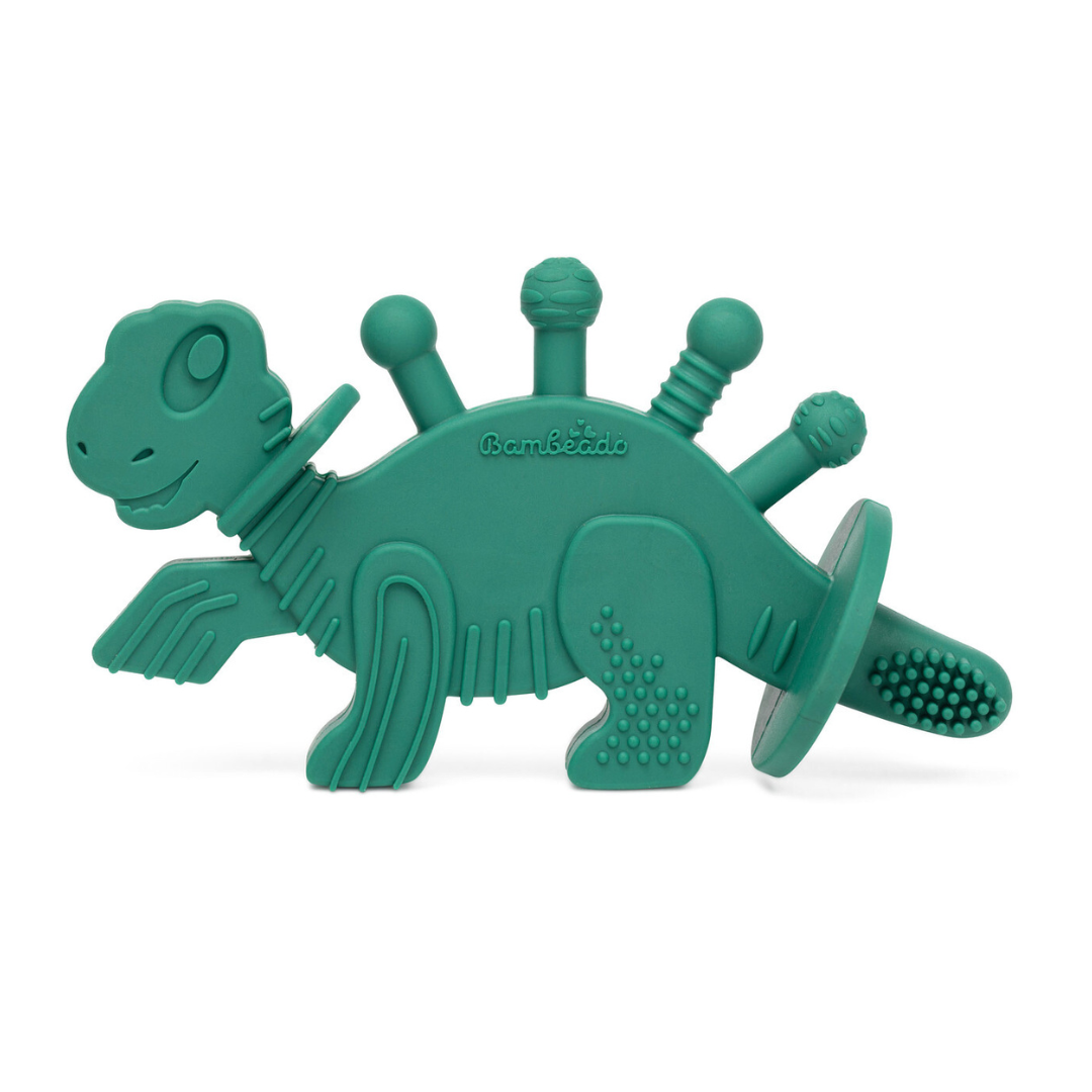 Dibly - Verde - Mordedor de dinosaurio de caucho natural y ámbar báltico con cola de cepillo de dientes