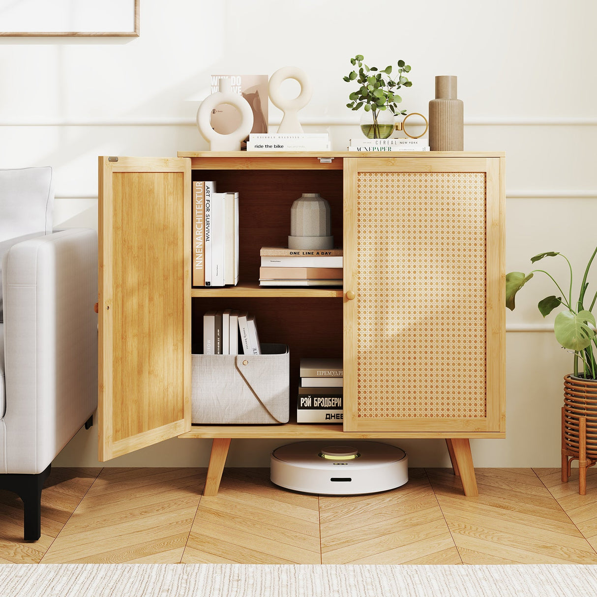 Gabinete de almacenamiento tipo bufé de bambú con puertas de ratán PE y alacena de cocina independiente - Natural