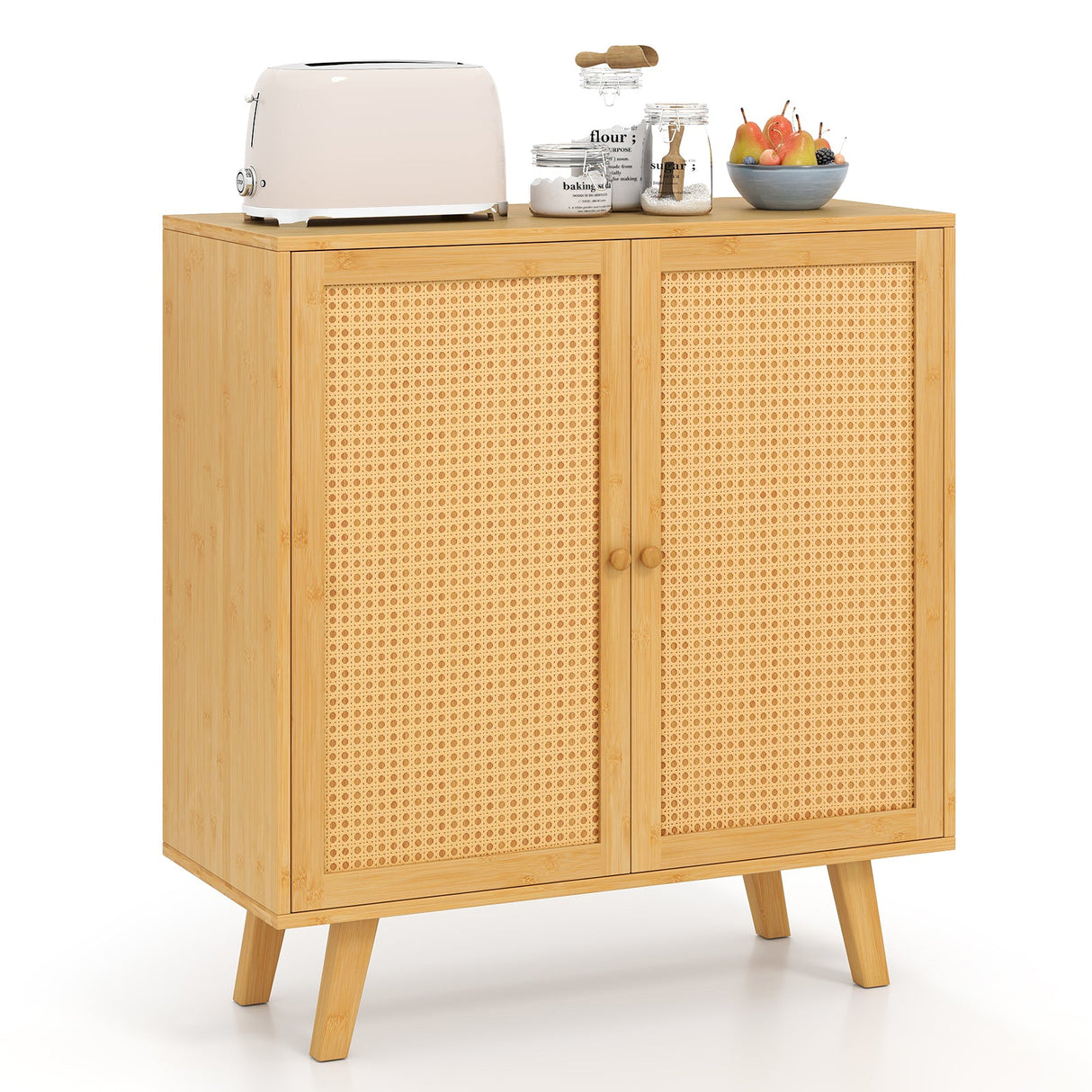 Gabinete de almacenamiento tipo bufé de bambú con puertas de ratán PE y alacena de cocina independiente - Natural