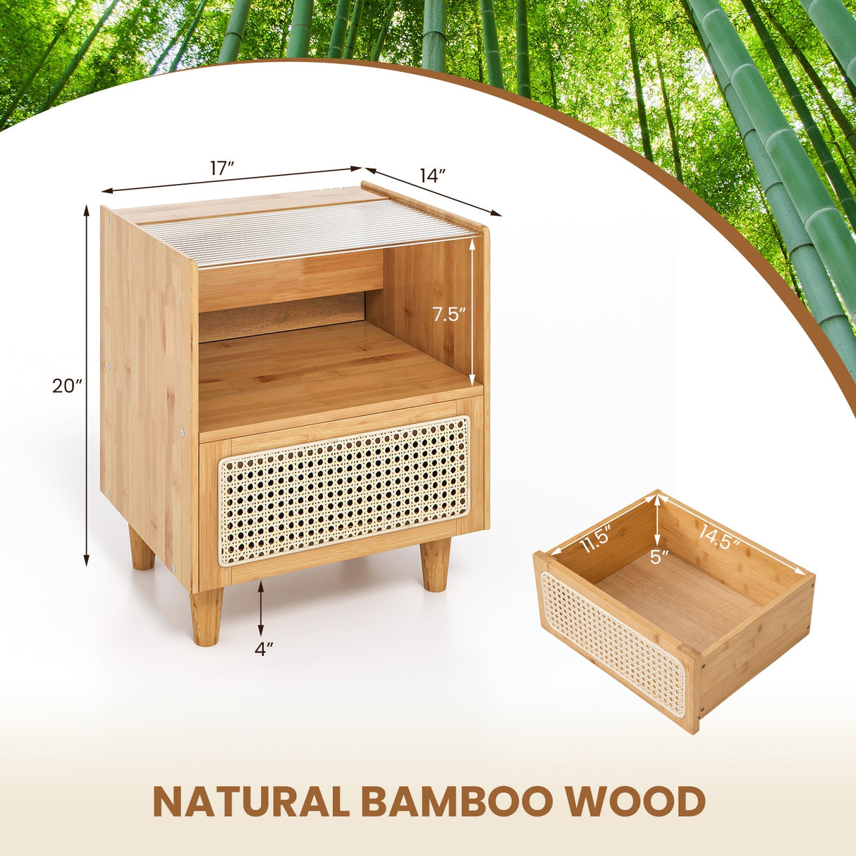 Mesita de noche de ratán de bambú con cajón y patas de madera maciza