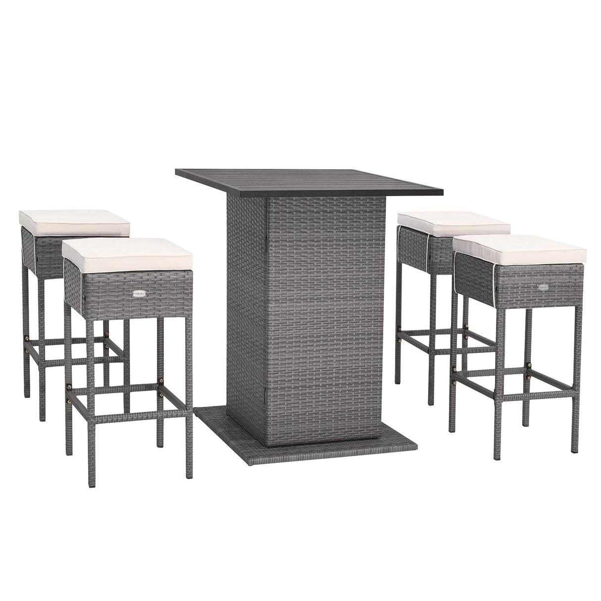 Juego de mesa de bar de mimbre para exteriores de 5 piezas con estantes de almacenamiento ocultos-Blanco