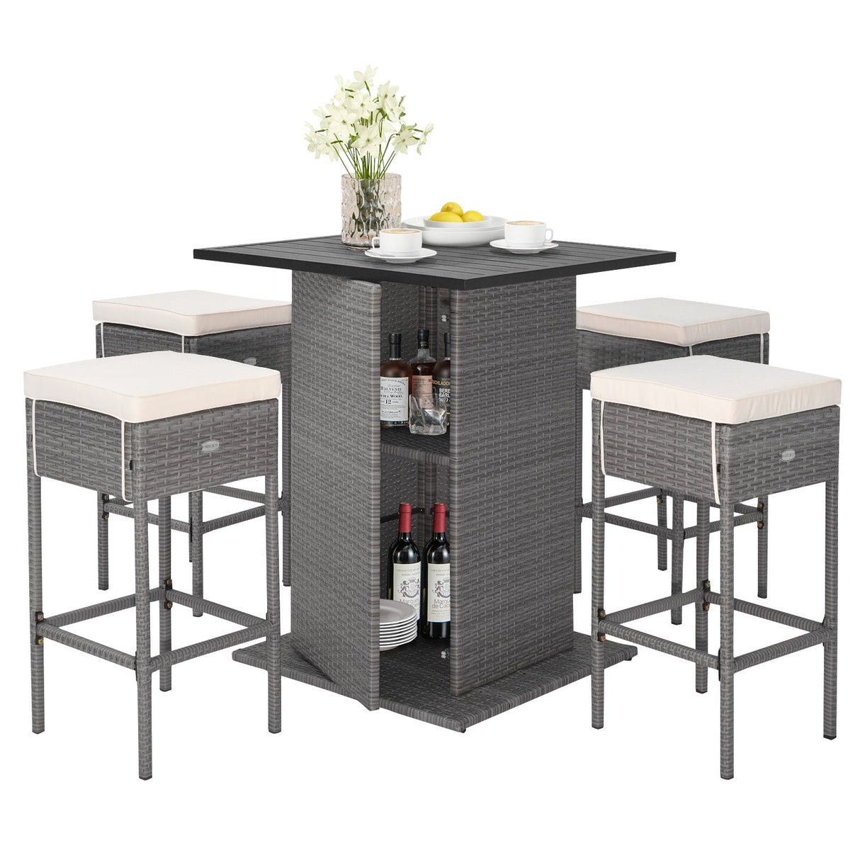 Juego de mesa de bar de mimbre para exteriores de 5 piezas con estantes de almacenamiento ocultos-Blanco