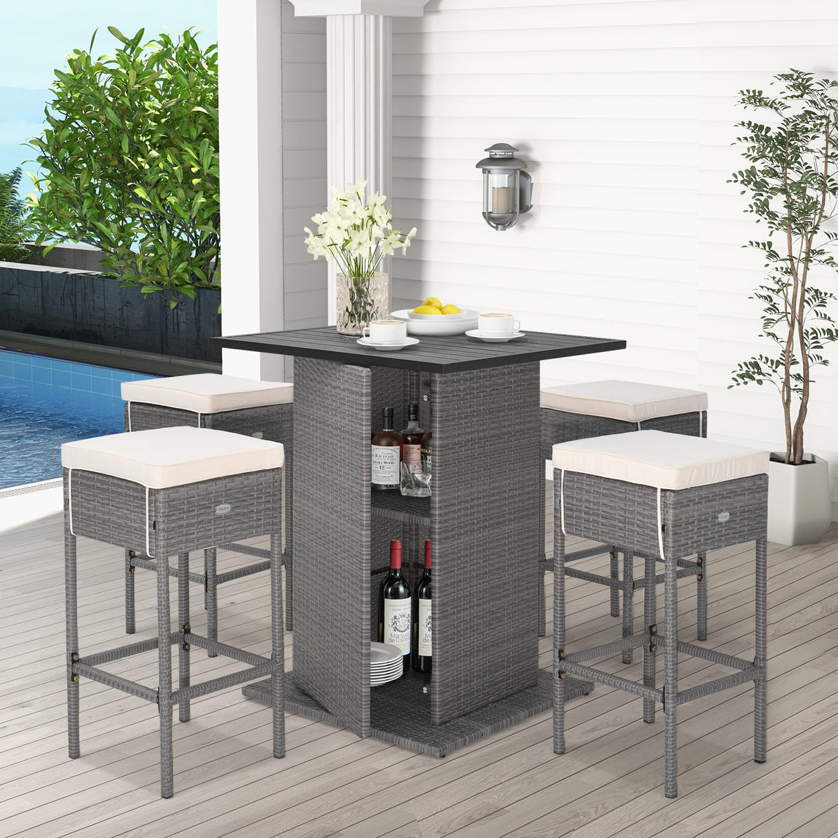 Juego de mesa de bar de mimbre para exteriores de 5 piezas con estantes de almacenamiento ocultos-Blanco