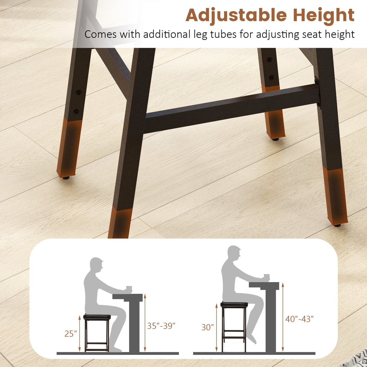 Juego de 2 taburetes de bar con asiento de silla de montar tapizado en cuero sintético y reposapiés - Marrón