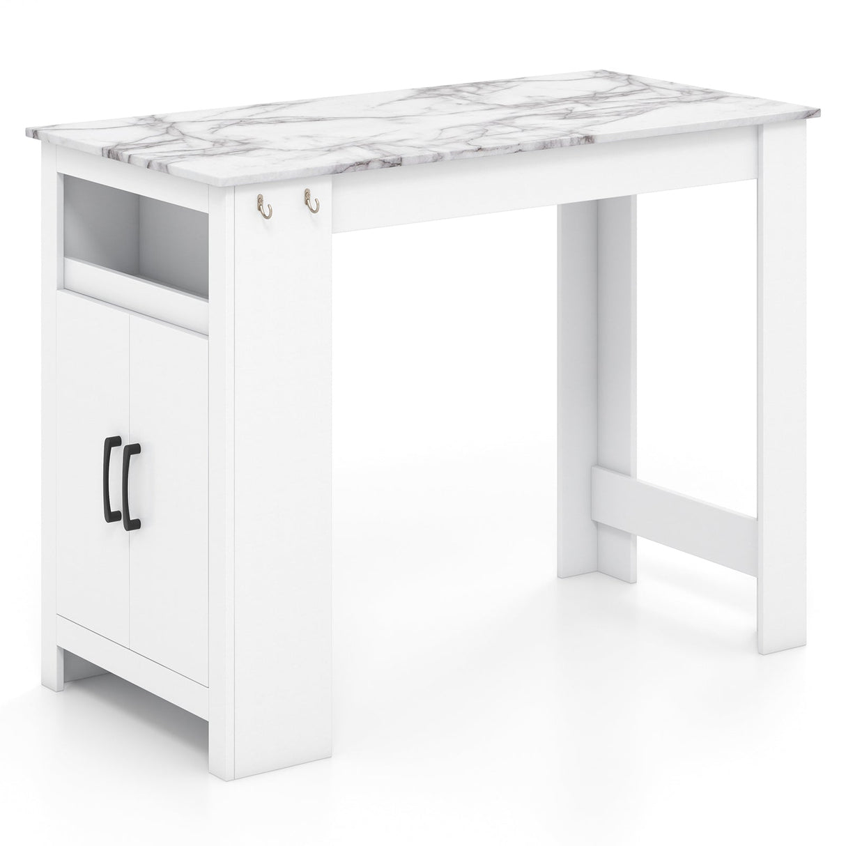 Mesa de bar de mármol sintético con 7 ganchos para colgar y compartimento - Blanco
