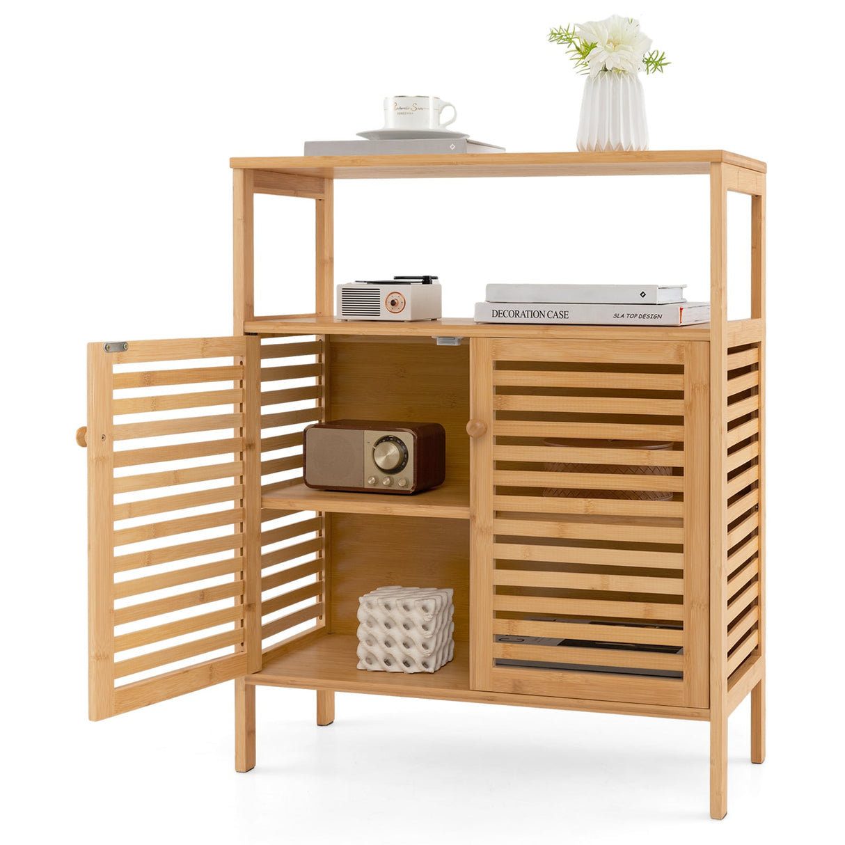 Mueble de almacenamiento de bambú para baño con puertas de persiana - Natural