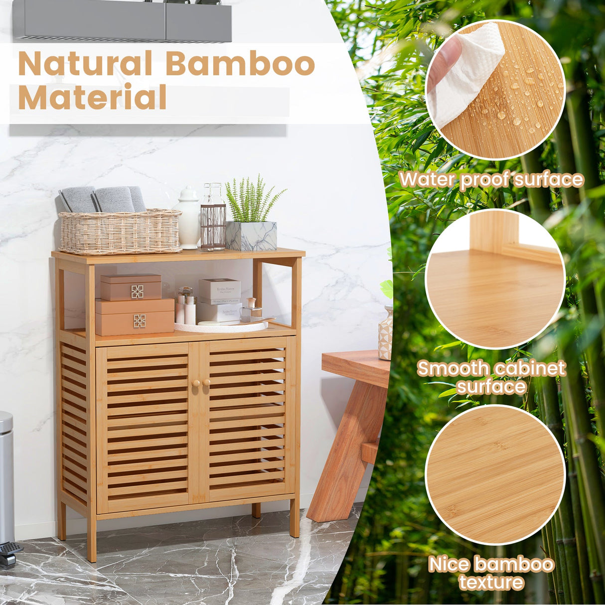 Mueble de almacenamiento de bambú para baño con puertas de persiana - Natural