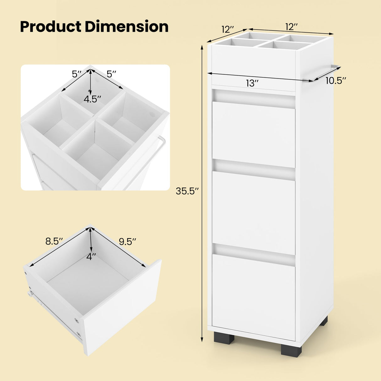 Mueble de baño con 3 cajones, 4 divisores superiores y 1 toallero - Blanco