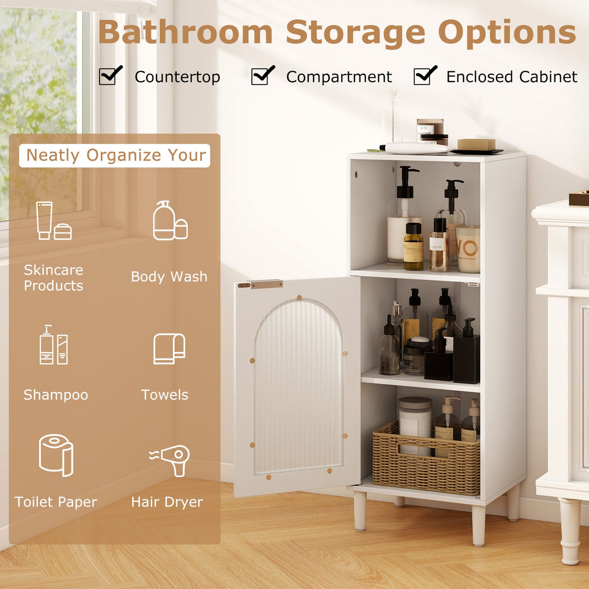 Mueble de baño auxiliar de madera con estante ajustable, organizador de almacenamiento lateral, color blanco