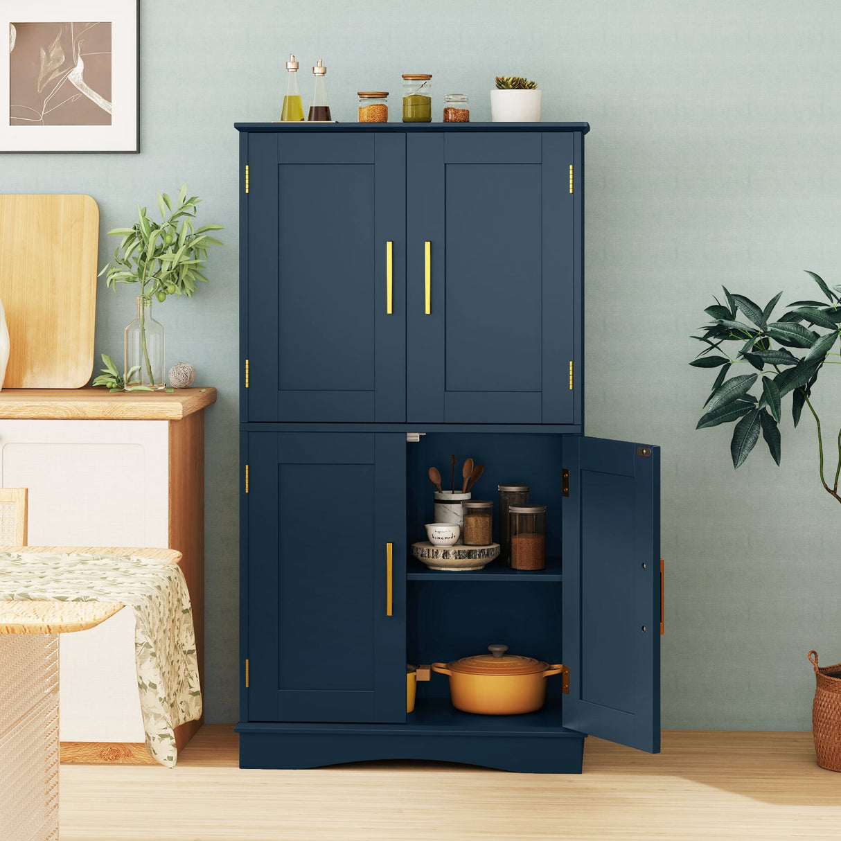 Armario de almacenamiento para baño con 4 puertas y 2 estantes ajustables - Azul