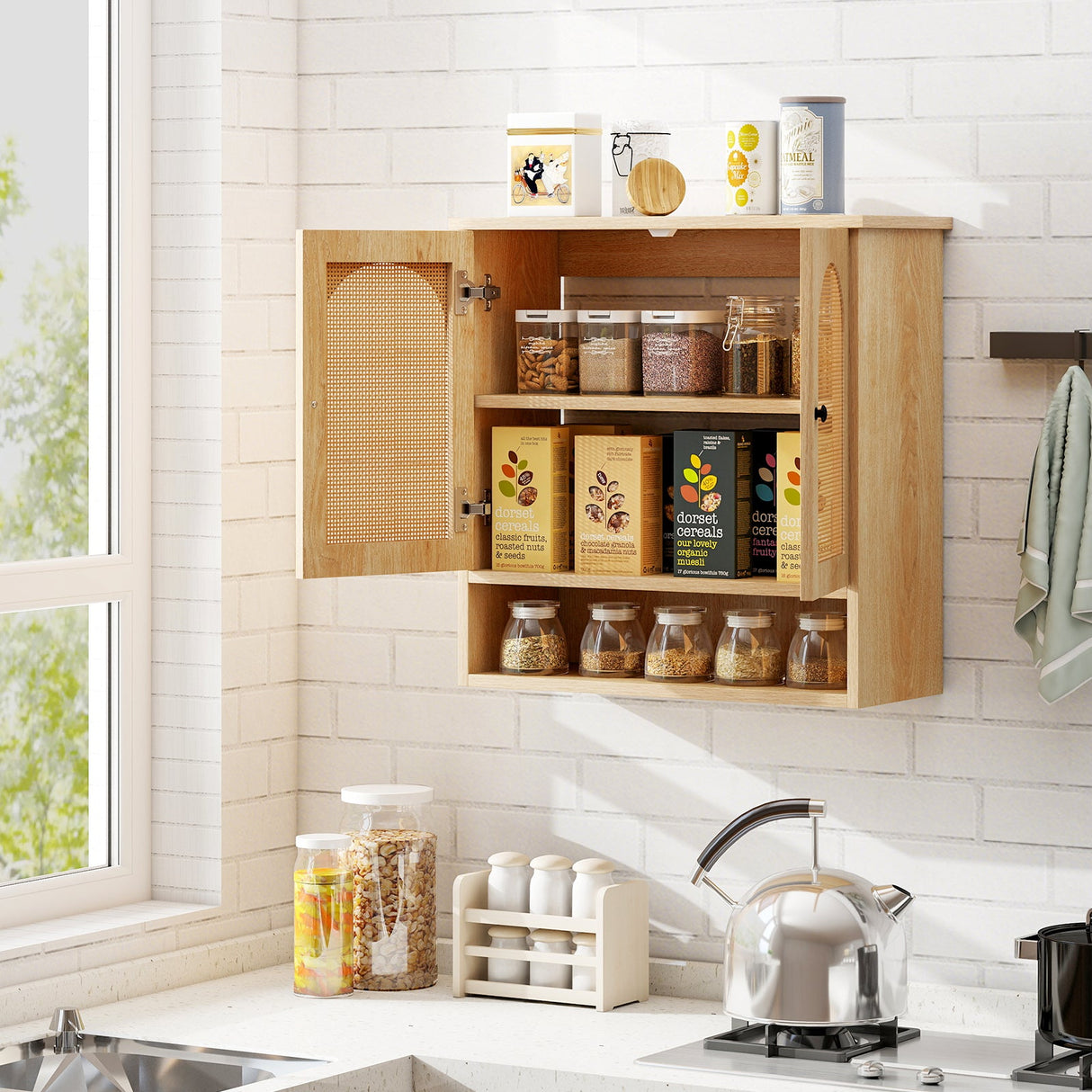 Bathroom Wall Cabinet with PE Rattan Doors and Adjustable Shelves-Natural