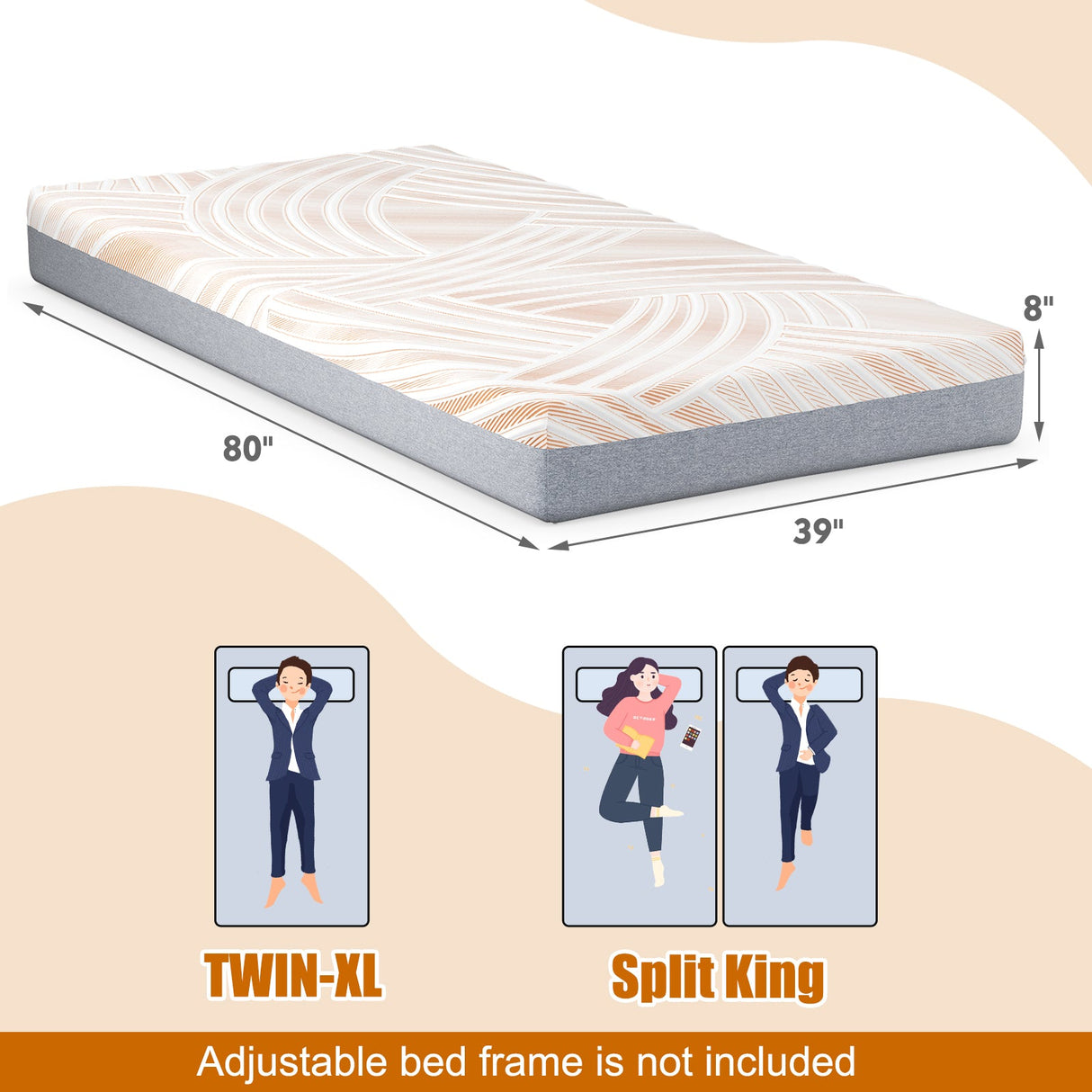 Colchón de espuma viscoelástica tamaño individual con cubierta de jacquard para base de cama ajustable