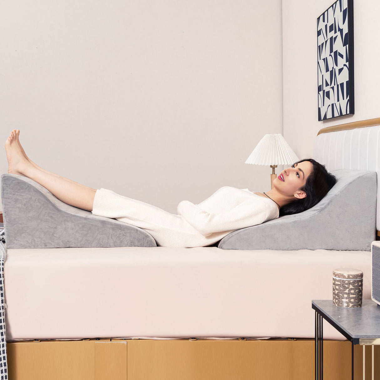 Almohada de cuña para cama, soporte de espalda, almohada de lectura triangular con funda desmontable - Gris