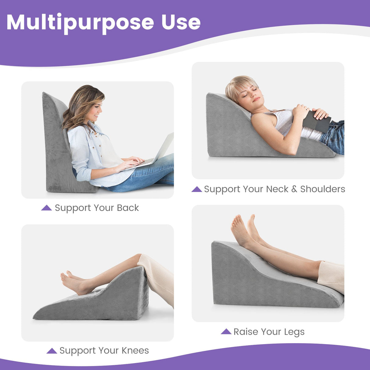 Almohada de cuña para cama, soporte de espalda, almohada de lectura triangular con funda desmontable - Gris