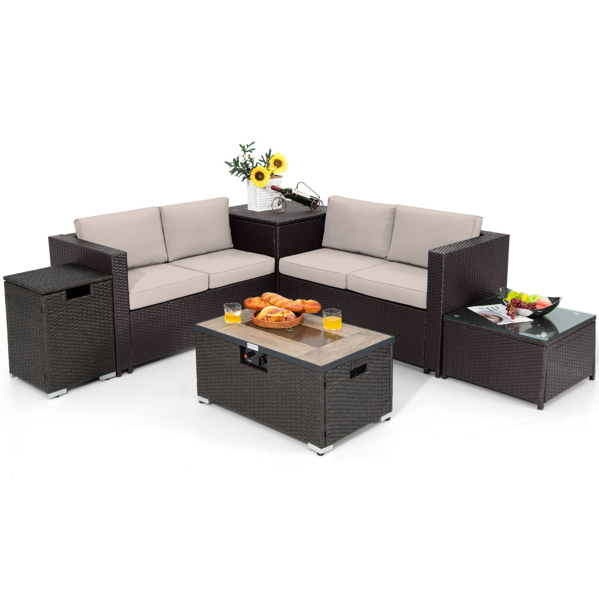 Juego de Muebles de Mimbre para Exteriores de 6 Piezas con Mesa Fogata de Propano de 32 Pulgadas