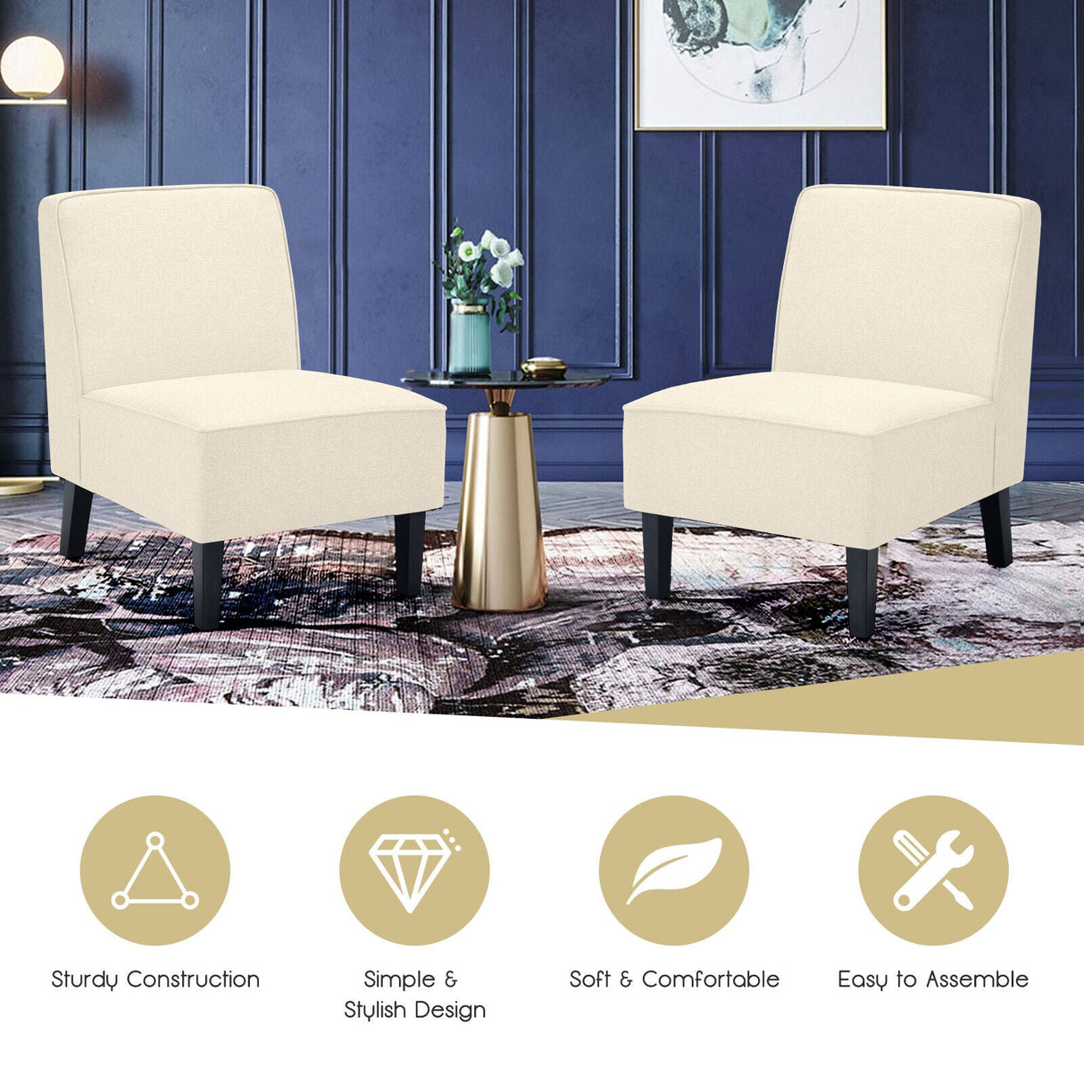 Sillón decorativo moderno sin brazos con patas de madera de caucho