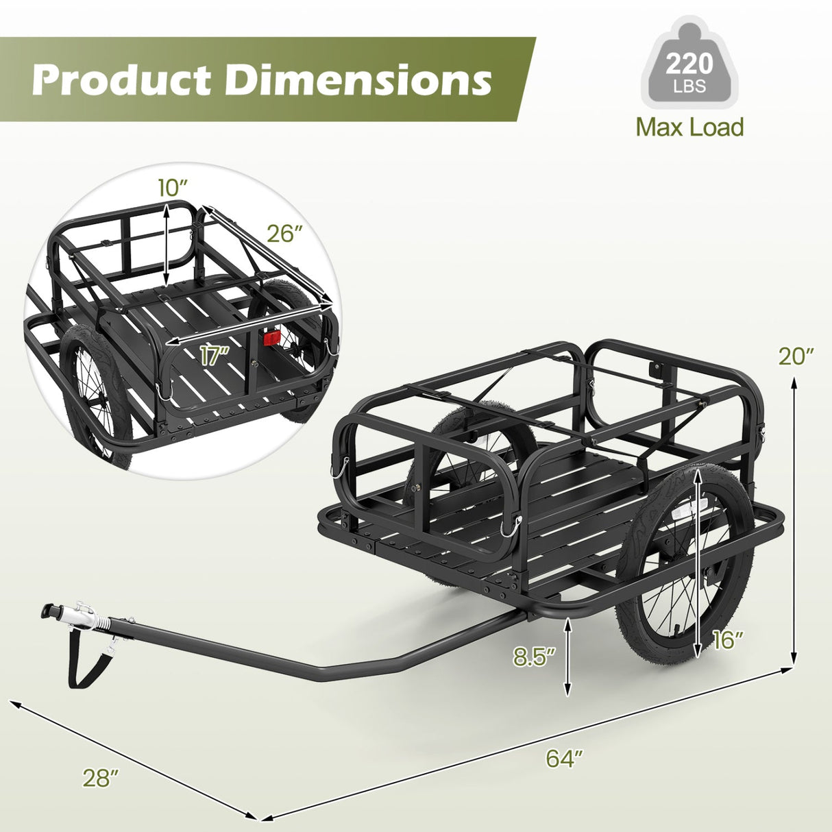Remolque de carga para bicicleta, carro tipo vagón de alta resistencia con enganche universal, negro