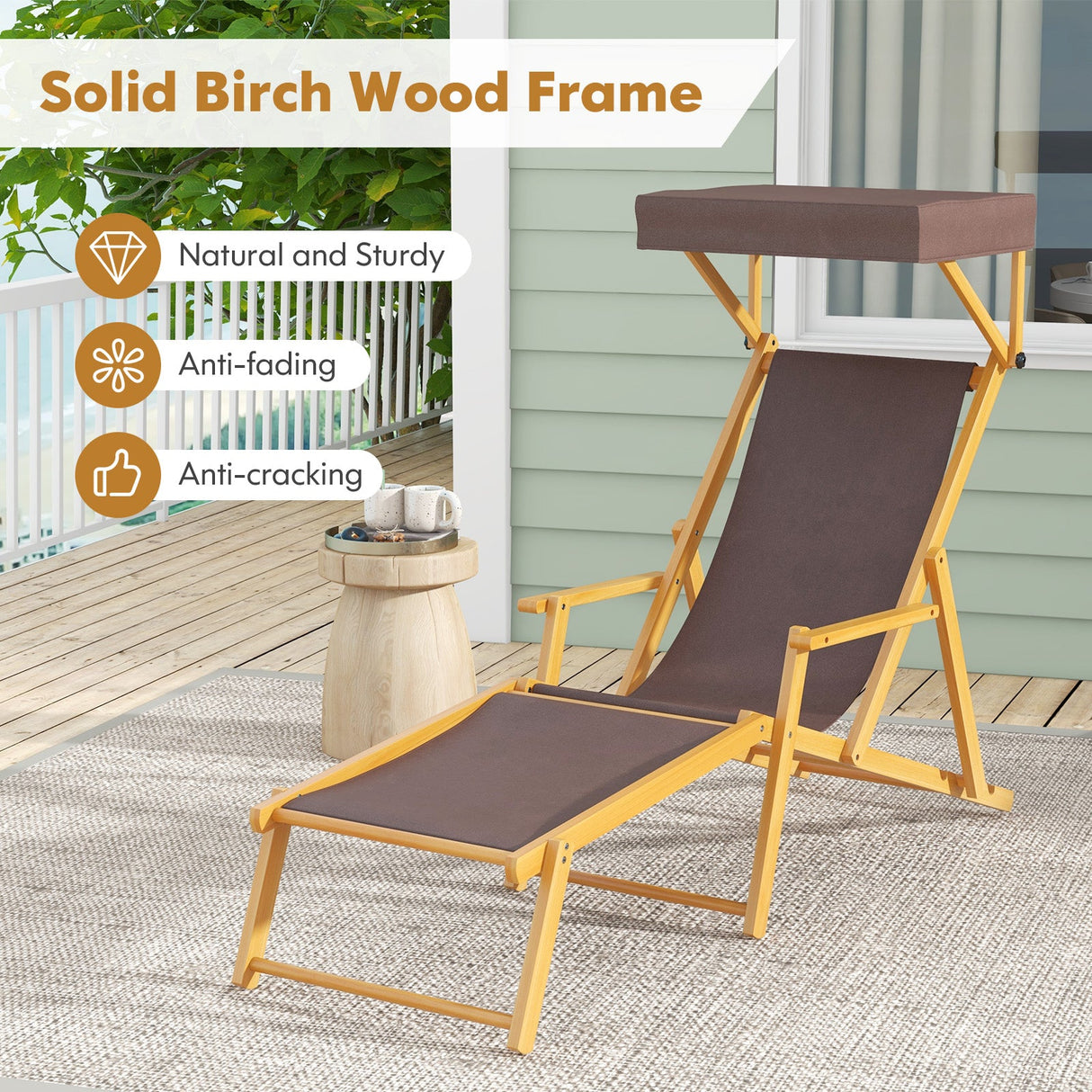 Tumbona de madera de abedul plegable con dosel ajustable