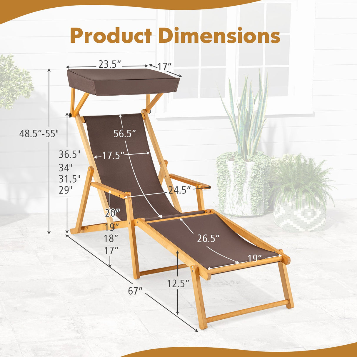 Tumbona de madera de abedul plegable con dosel ajustable