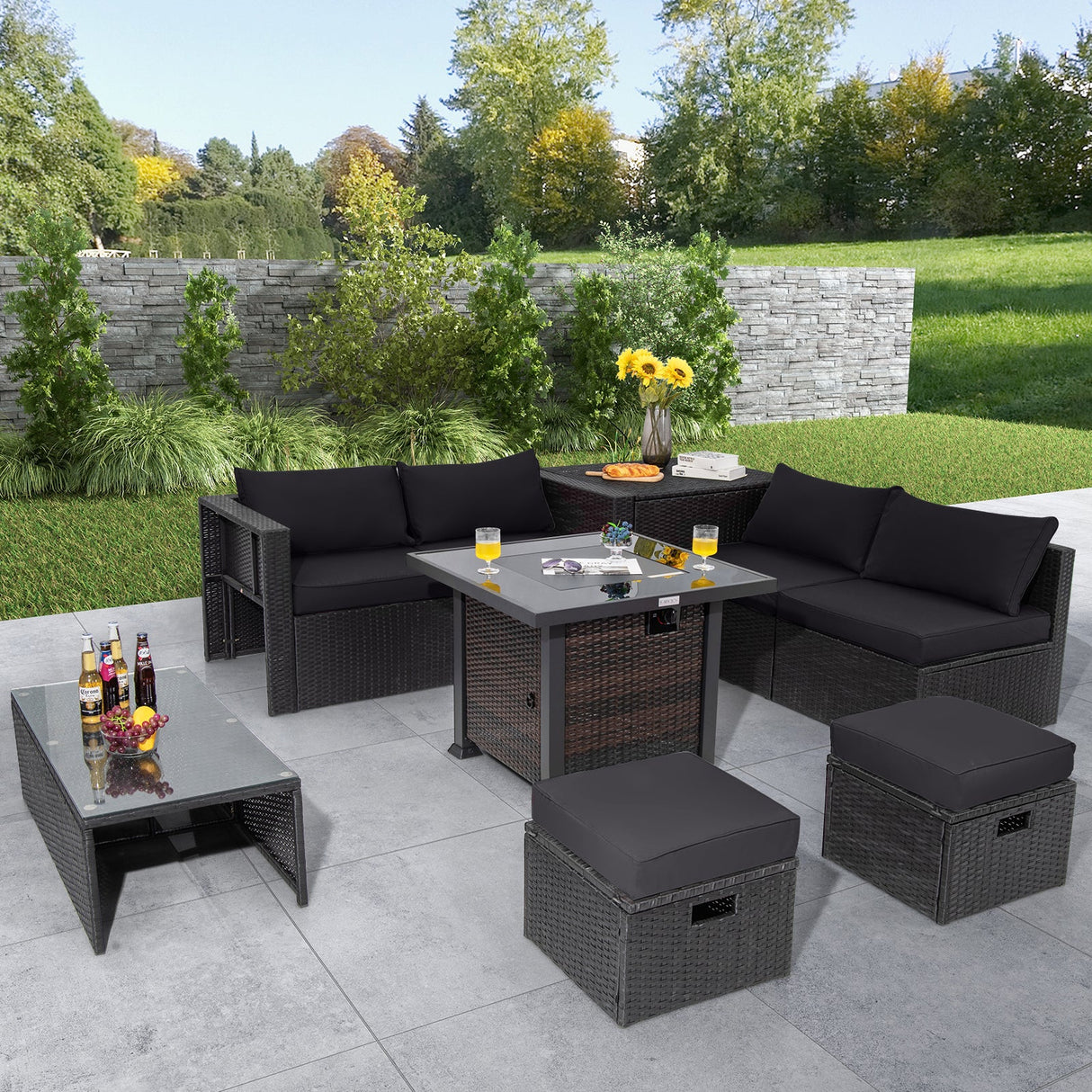 Juego de muebles de patio de 9 piezas con mesa de brasero de 32" y brasero de propano cuadrado de 50000 BTU