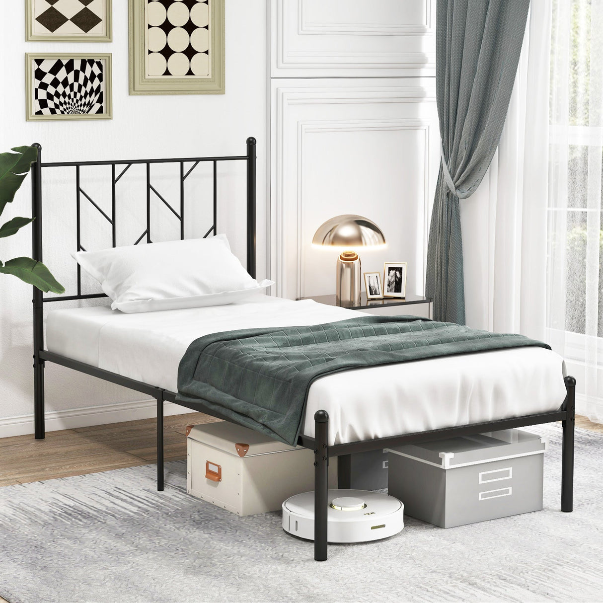 Base de cama de plataforma tamaño individual/matrimonial/queen con resistente soporte de listones de metal