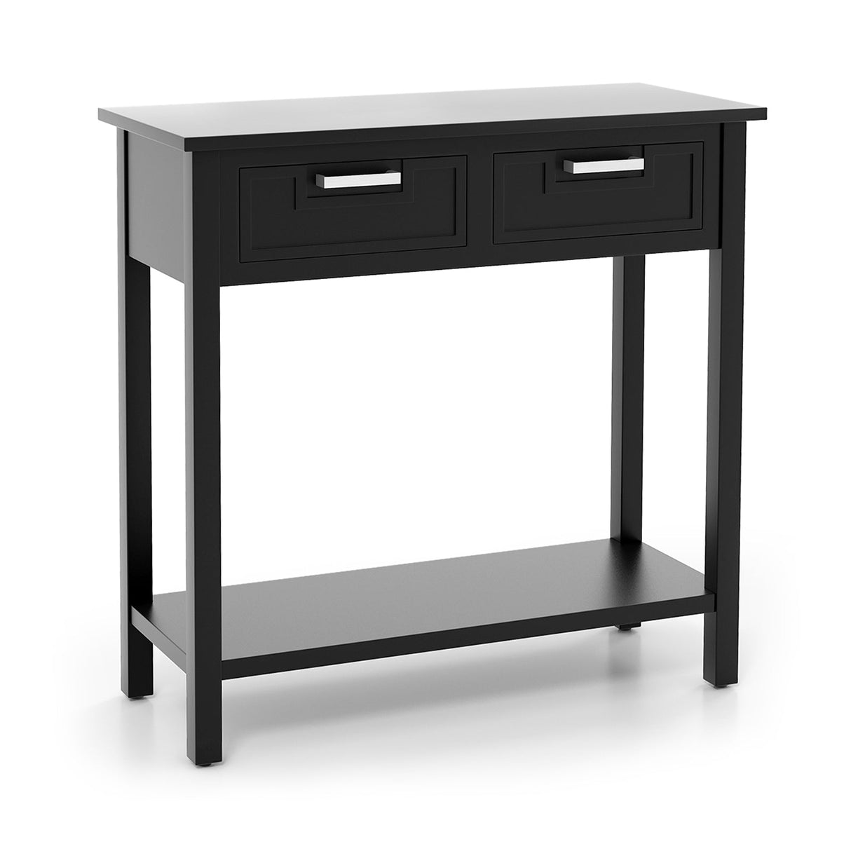 Mesa consola estrecha con cajones y estante de almacenamiento abierto
