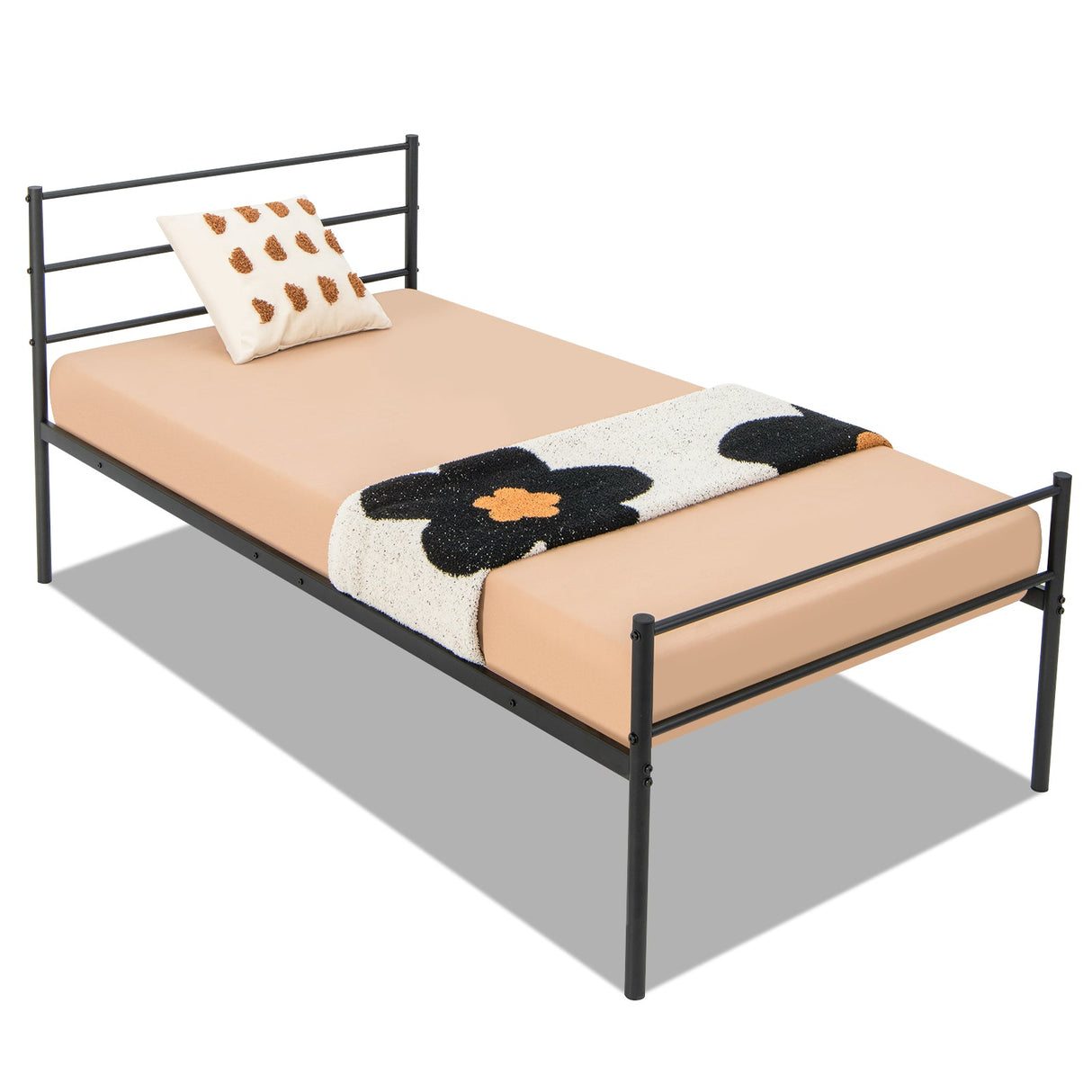 Base de cama de metal individual con plataforma y cabecera