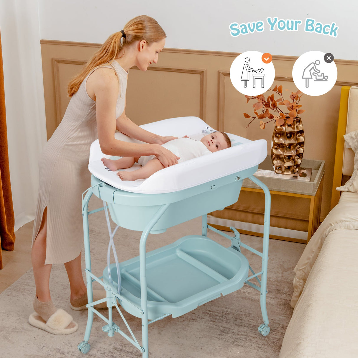 Cambiador de bebé plegable con bañera y 4 ruedas universales