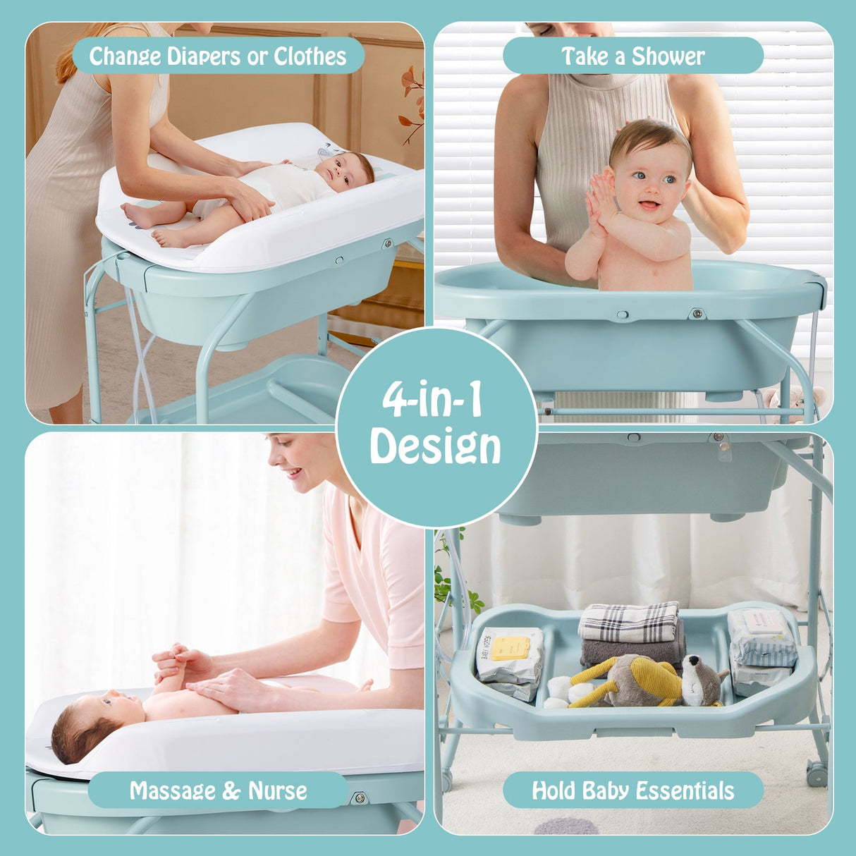 Cambiador de bebé plegable con bañera y 4 ruedas universales