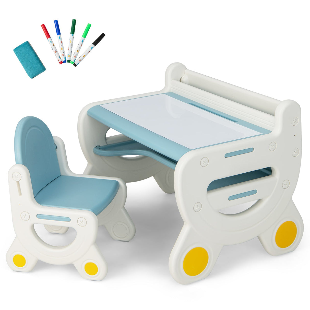 Juego de Mesa y Sillas de Dibujo para Niños con Acuarelas y Borrador de Pizarra