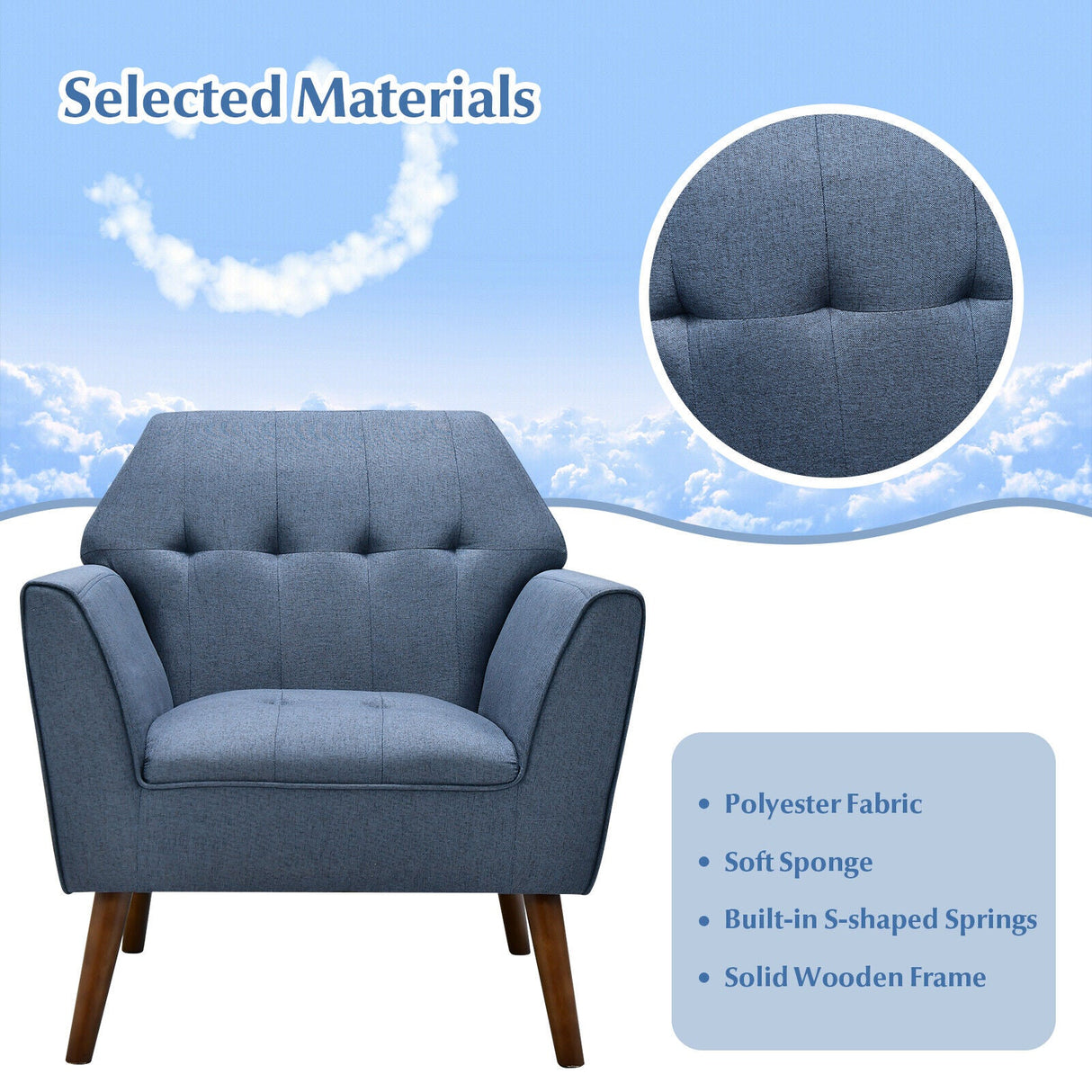 Modern Tufted Fabric Accent Chair with Rubber Wood Legs