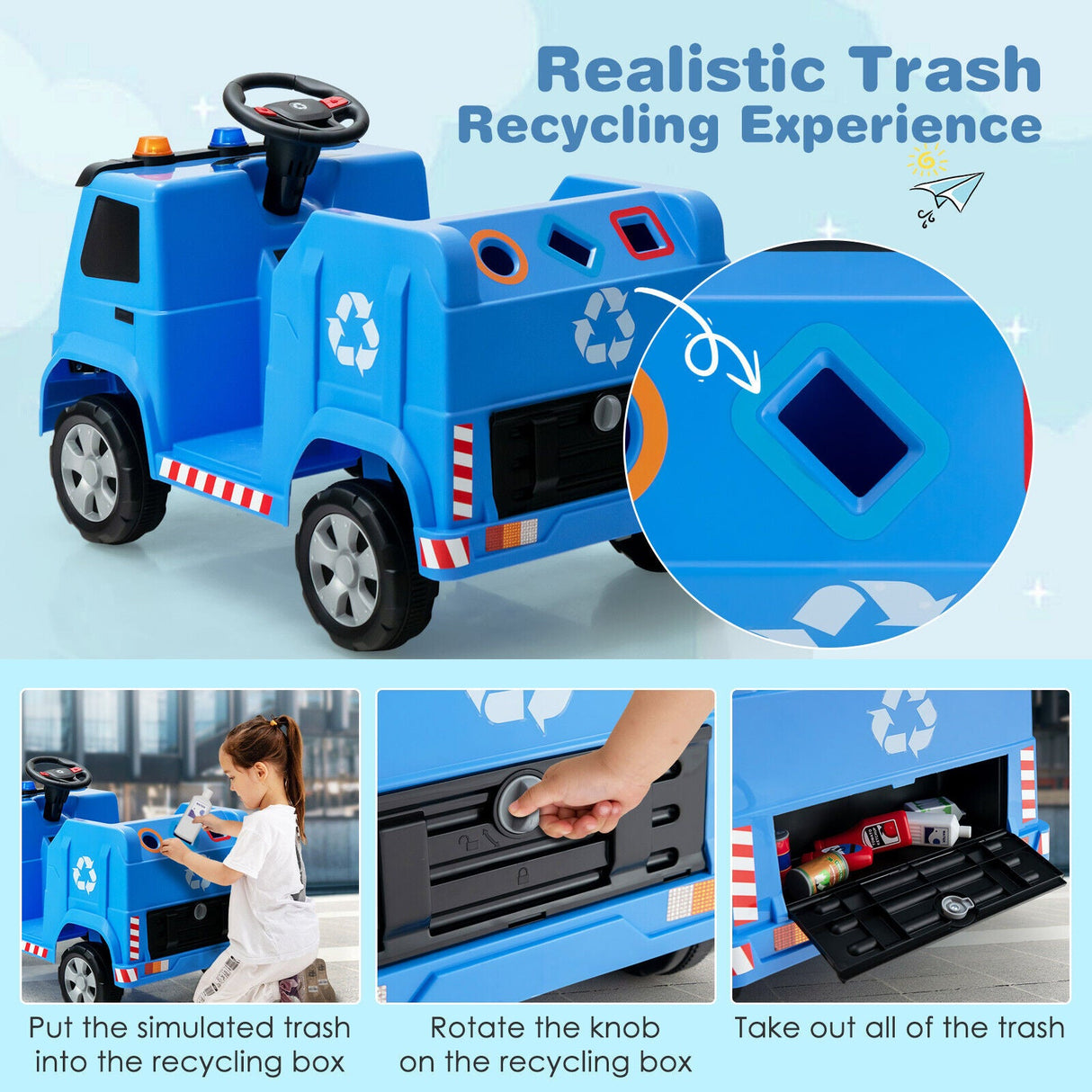 Camión de basura para niños de 12 V con luces de advertencia y 6 accesorios de reciclaje