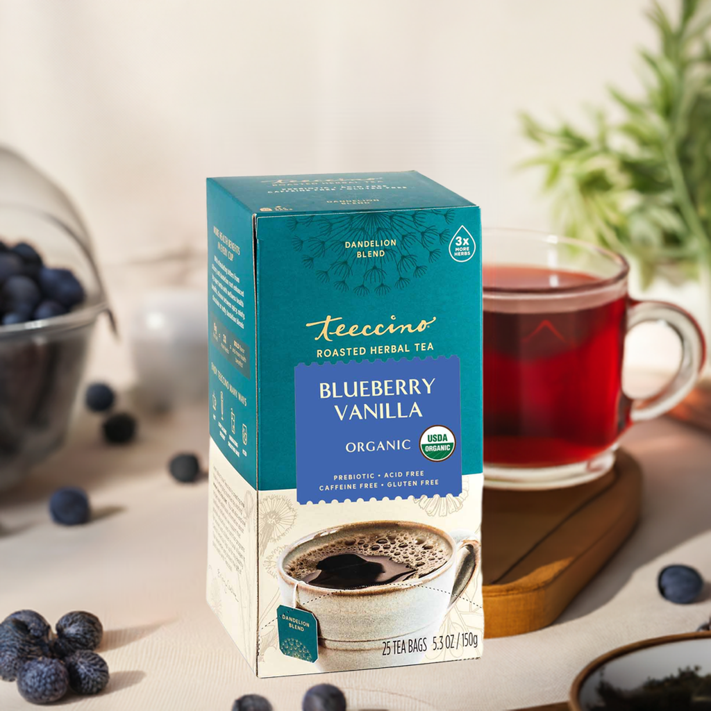 Té de hierbas tostado de diente de león, arándanos y vainilla