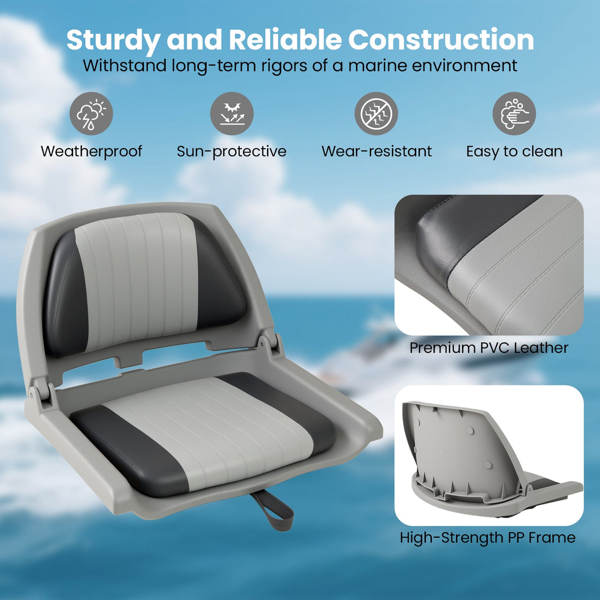 Asiento de barco plegable con respaldo bajo y PVC de calidad marina