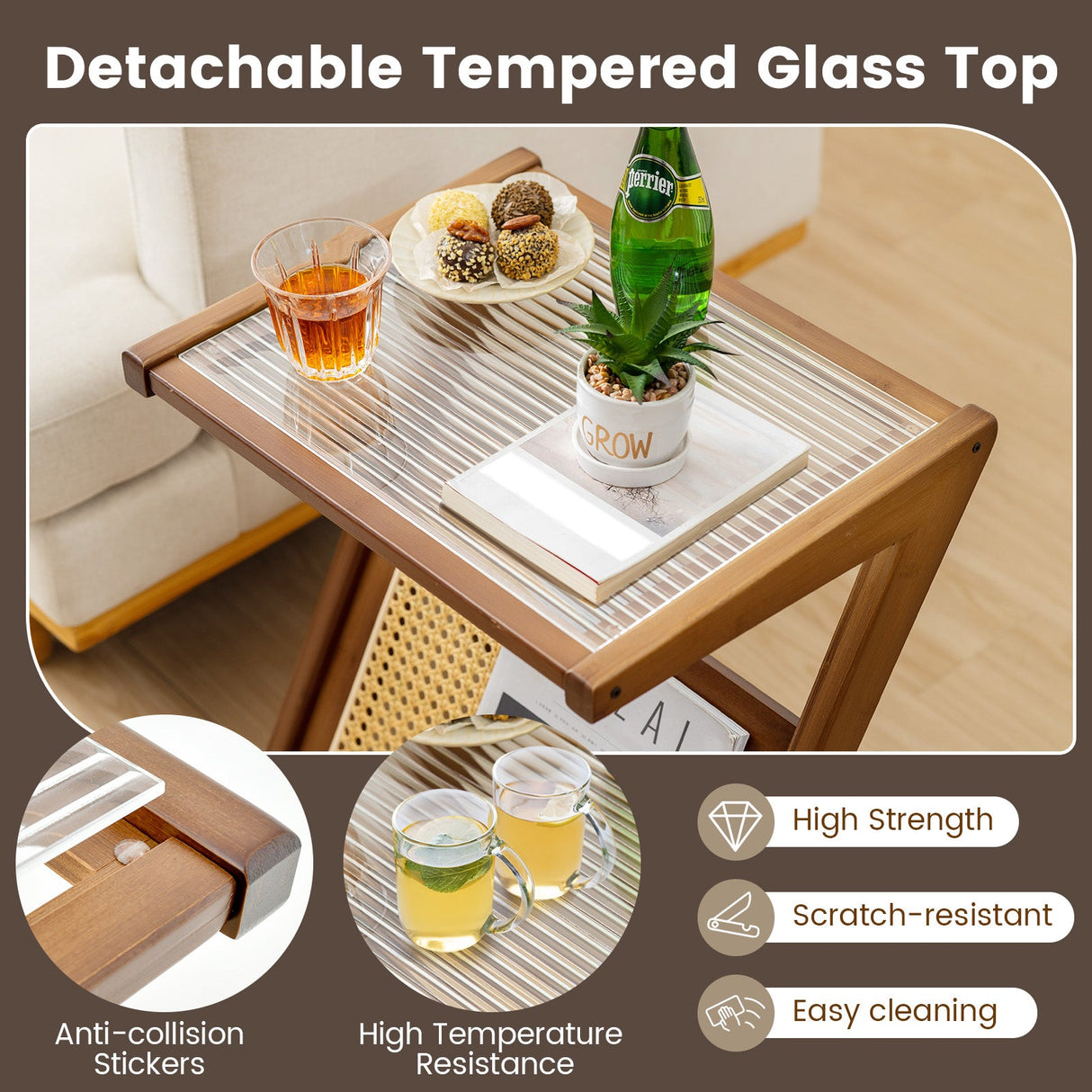 Mesa auxiliar bohemia con revistero y tablero de cristal templado