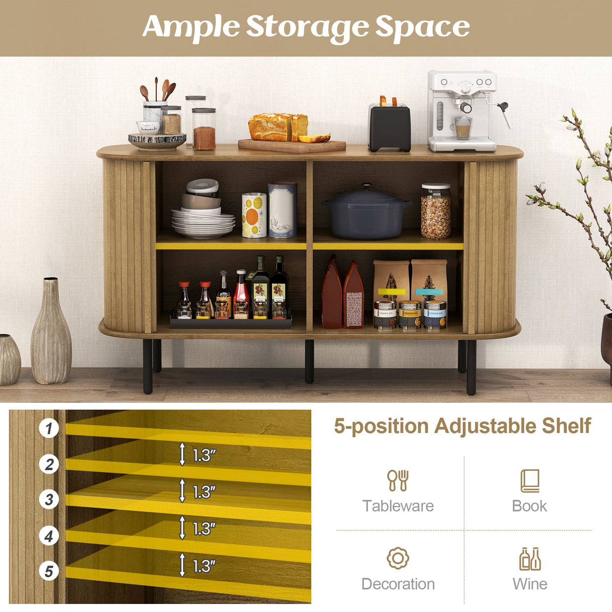 Aparador Buffet de 47 Pulgadas con Estantes Ajustables para Cocina, Comedor, Sala de Estar, Recibidor - Roble